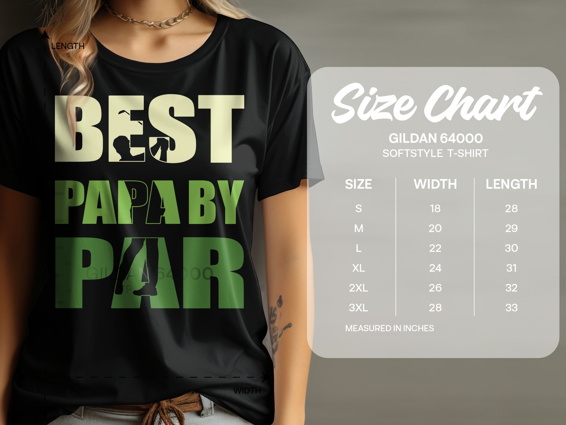 T-shirt with "BEST PAPA BY PAR" graphic and Gildan size chart.