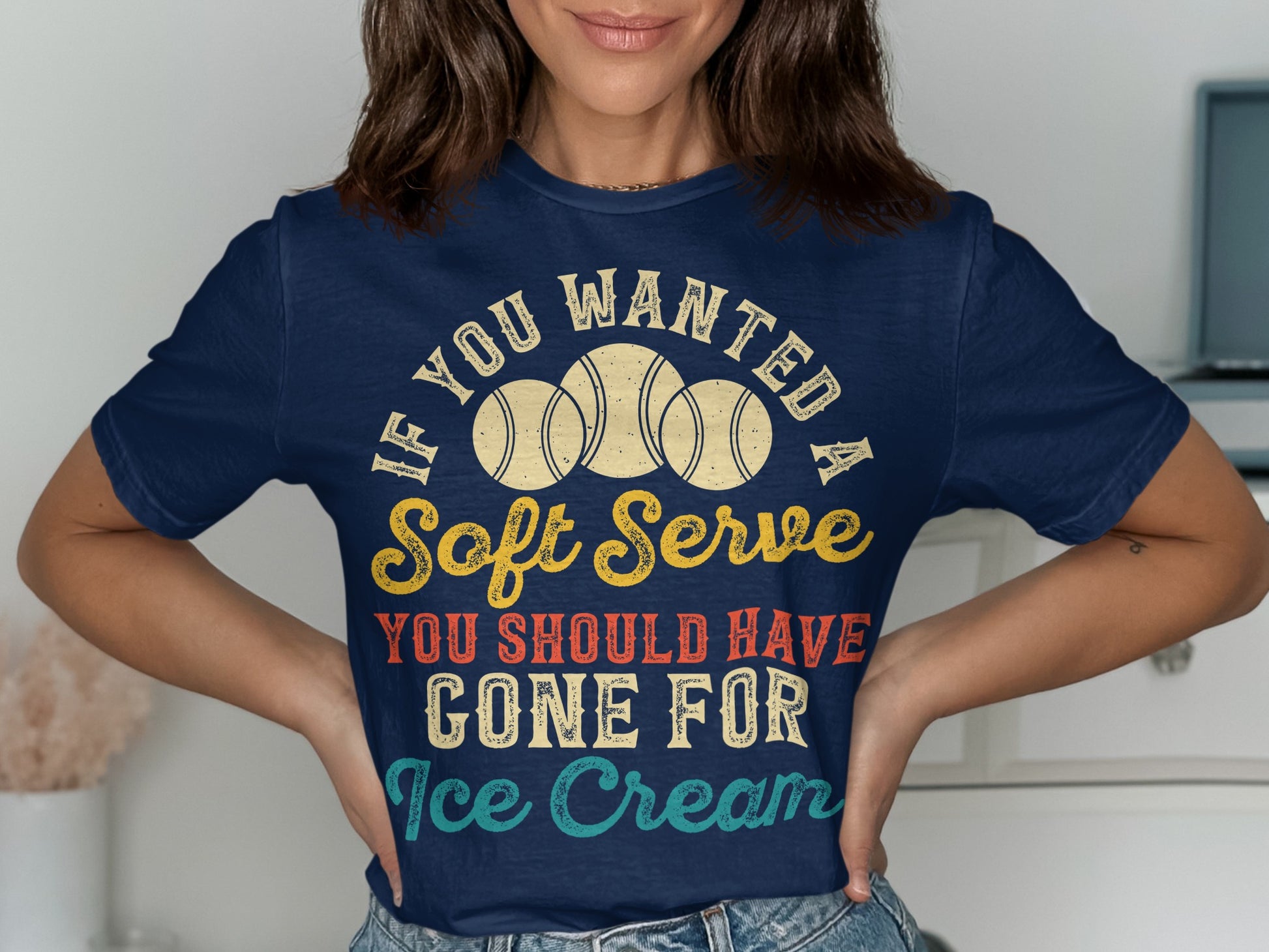 Navy t-shirt with "IF YOU WANTED A Soft Serve YOU SHOULD HAVE GONE FOR Cone Cream" text.
