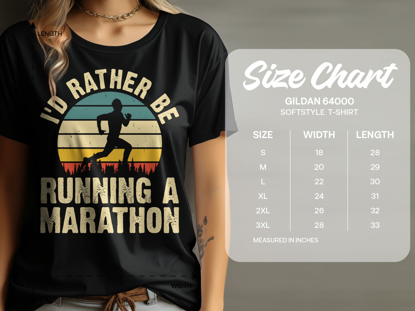 T-shirt with "I'd Rather Be Running A Marathon" graphic and size chart.
