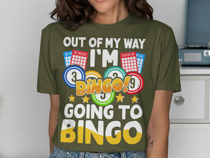 Green t-shirt with "I'm going to Bingo!" and bingo cards.