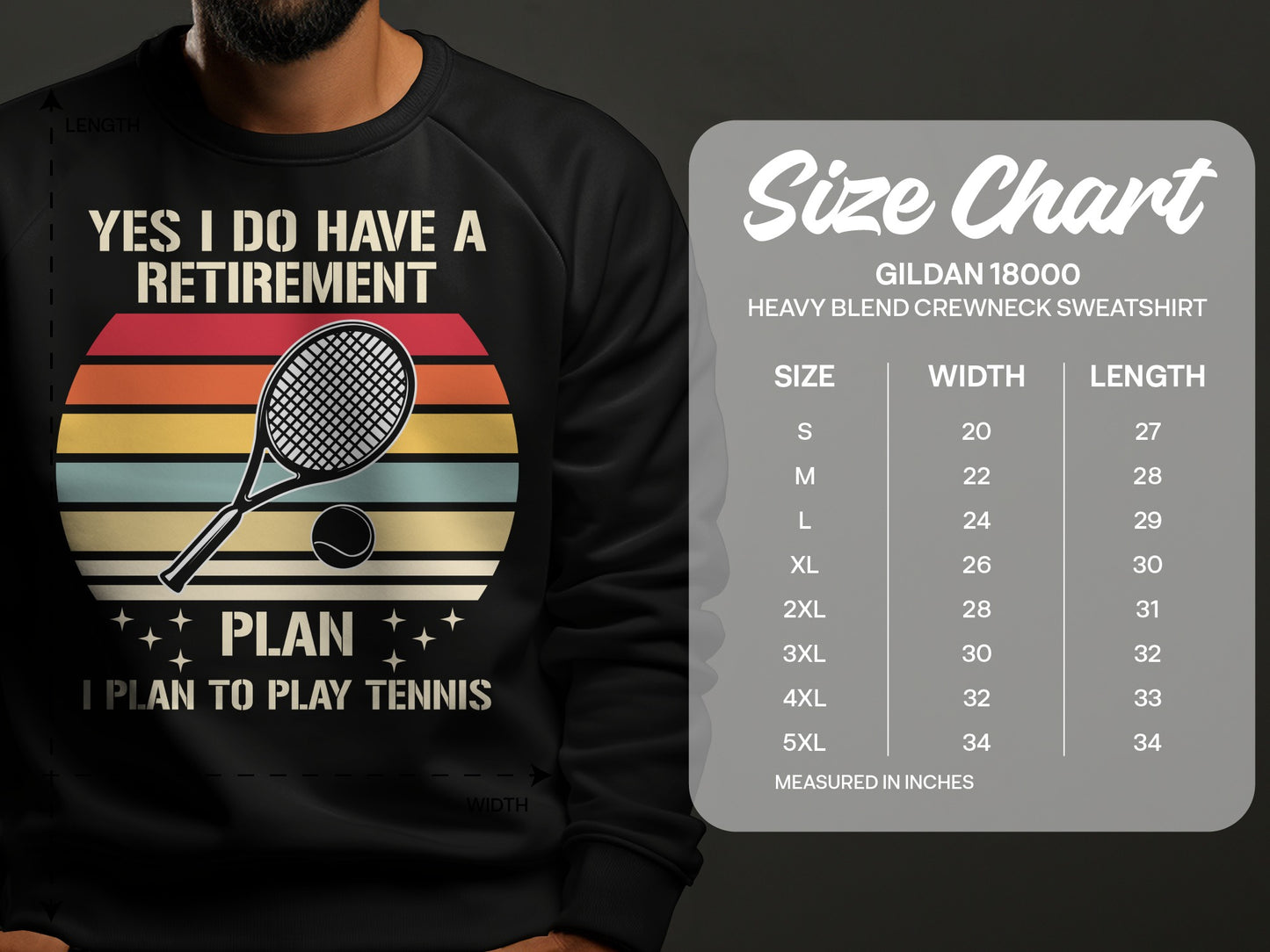 Tennis retirement graphic on black sweatshirt with size chart.
