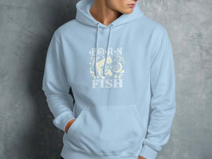 Light blue hoodie with "Born to Fish" text and fish graphic.