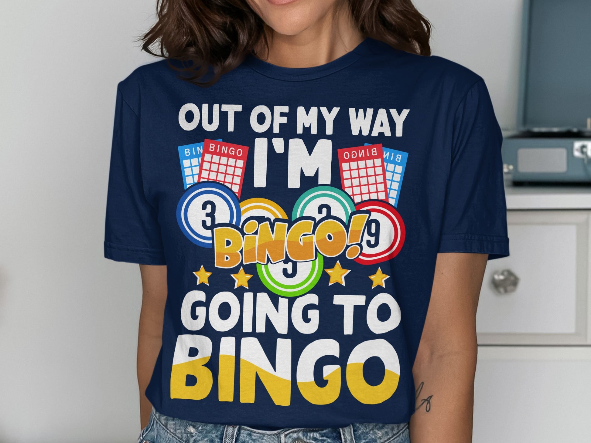 T-shirt with "I'm Going To Bingo!" text and bingo cards.