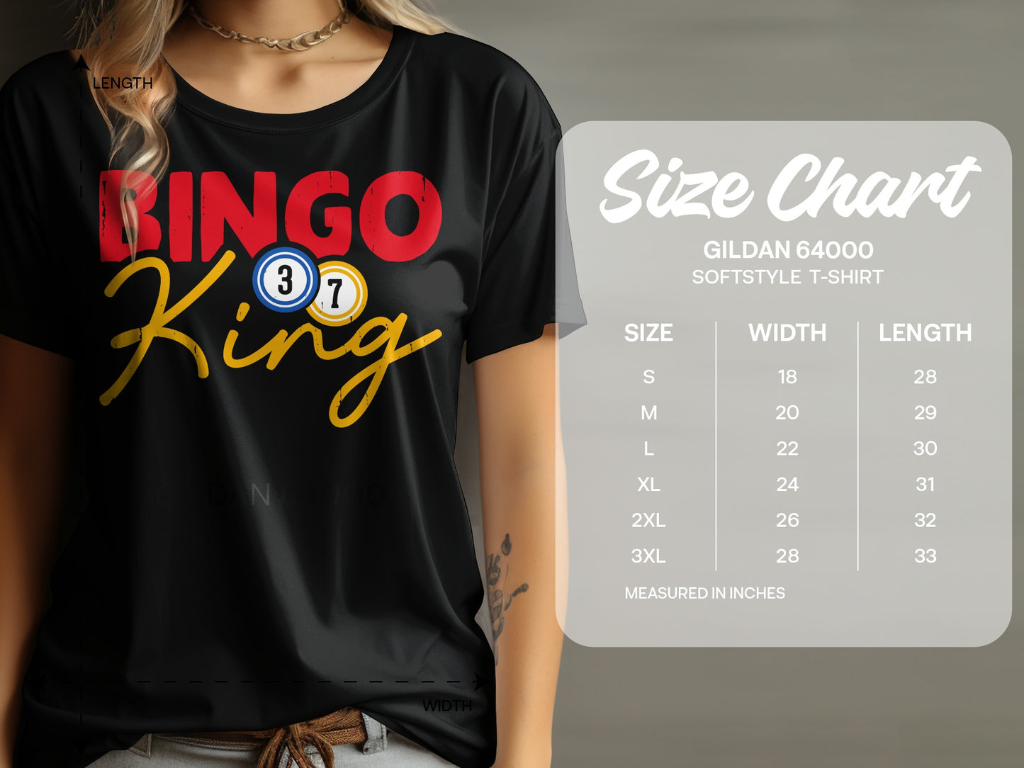 Black t-shirt with "Bingo King" graphic and a size chart.