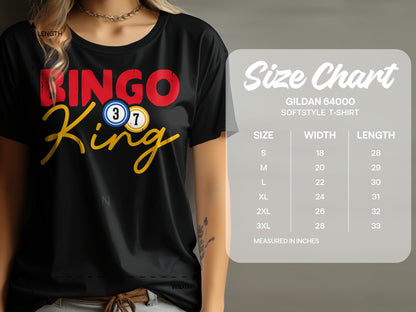 Black t-shirt with "Bingo King" graphic and a size chart.