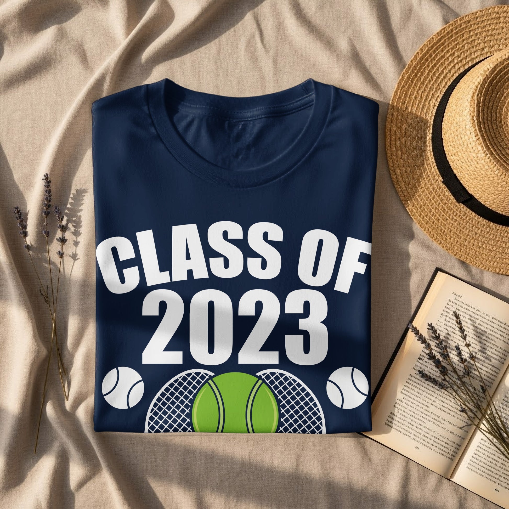 Navy t-shirt with "CLASS OF 2023" and tennis imagery.