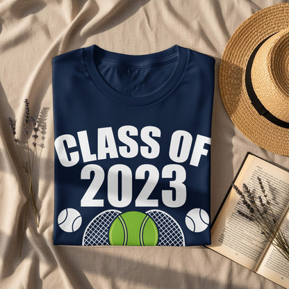 Navy t-shirt with "CLASS OF 2023" and tennis imagery.