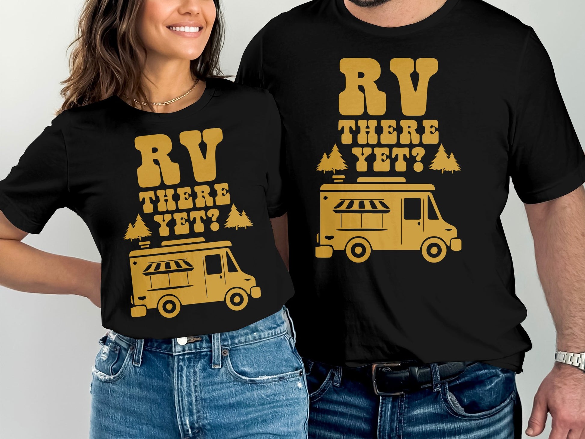 Black t-shirt with "RV THERE YET?" and a camper van graphic.
