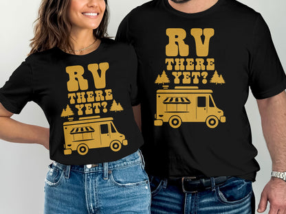 Black t-shirt with "RV THERE YET?" and a camper van graphic.