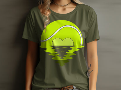 Tennis ball graphic with heart reflected on water.