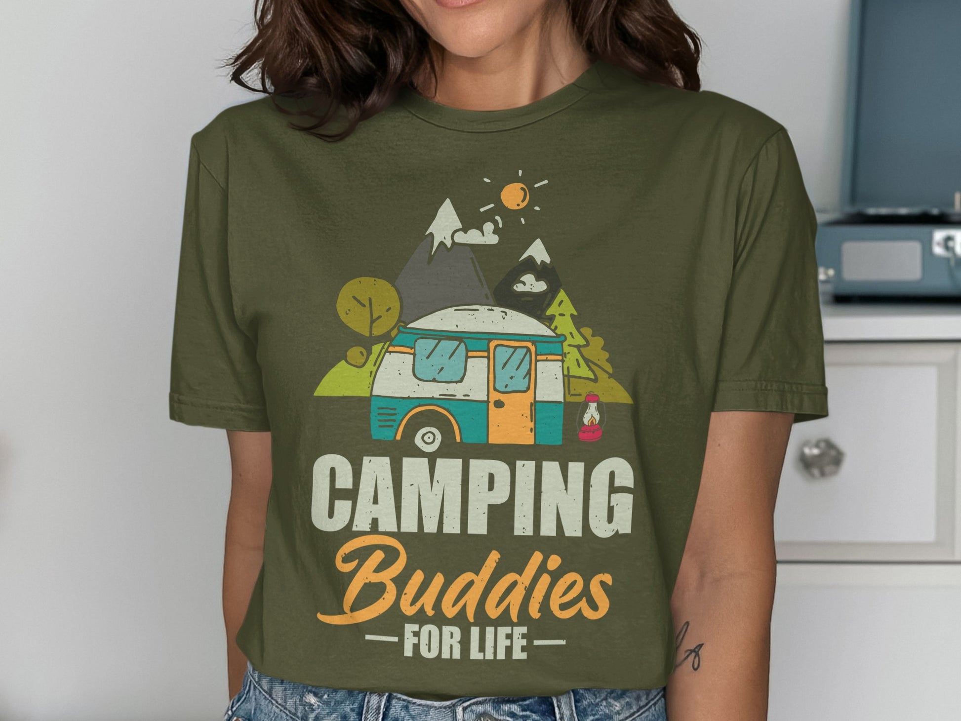Olive green t-shirt with "Camping Buddies For Life" and a camping scene.