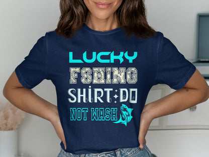 Navy t-shirt with "Lucky Fishing Shirt Do Not Wash" text and fish graphic.
