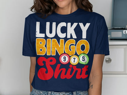 Navy blue t-shirt with "LUCKY BINGO Shirt" and bingo balls.