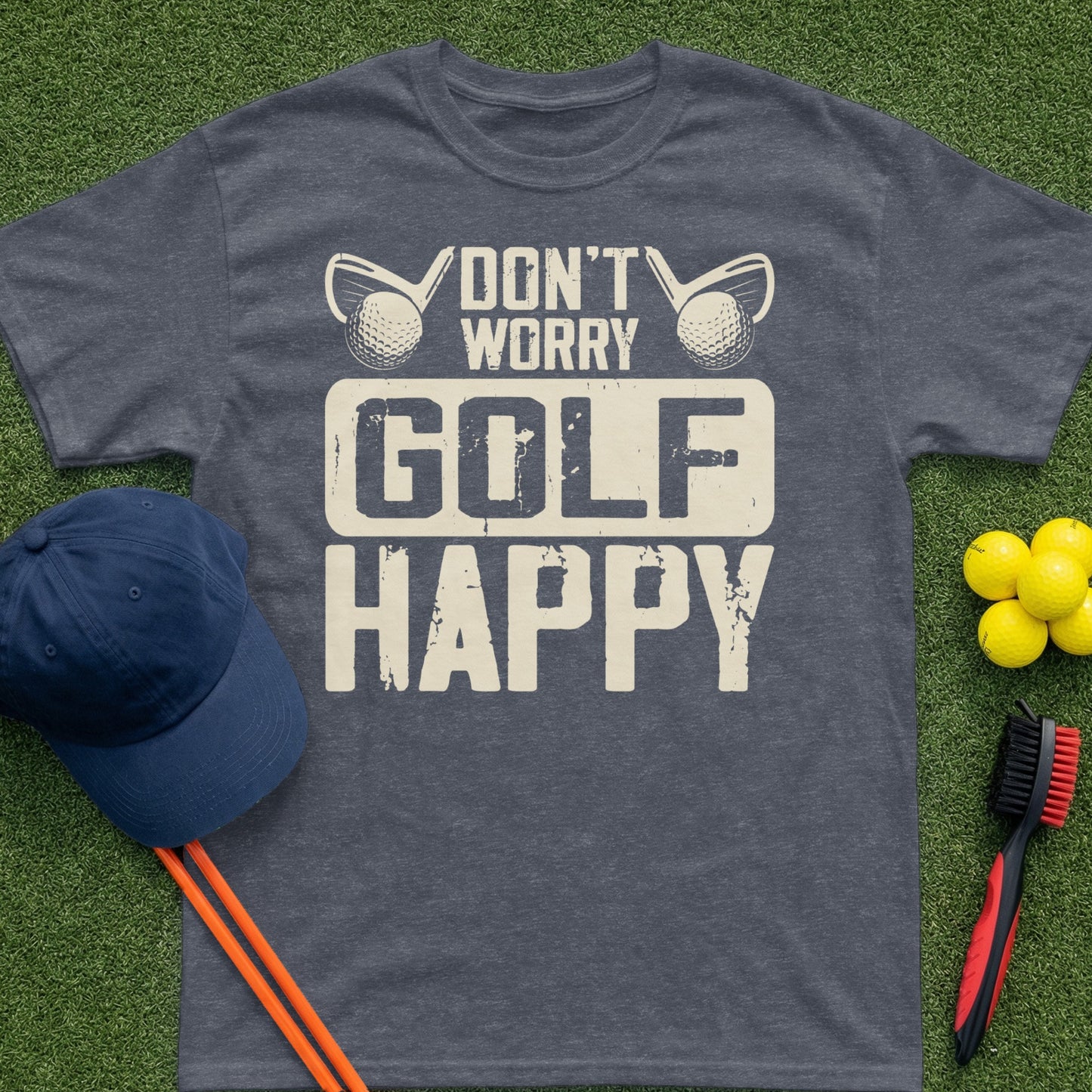 Golf-themed t-shirt with "Don't Worry Golf Happy" text and golf balls.