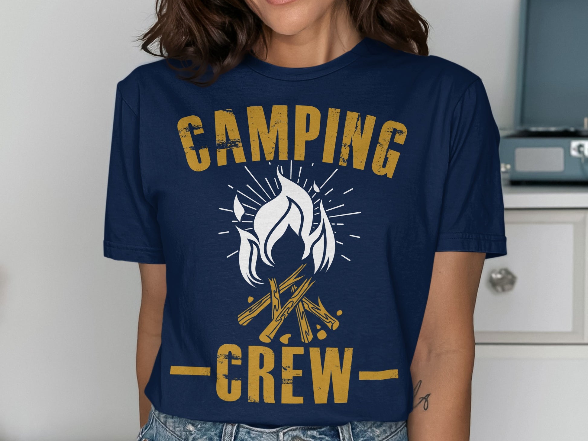 Navy t-shirt with "CAMPING CREW" and a campfire graphic.