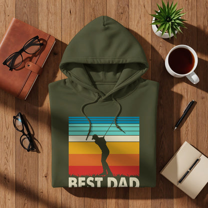 Olive green hoodie with "BEST DAD" text and a golfer sunset graphic.