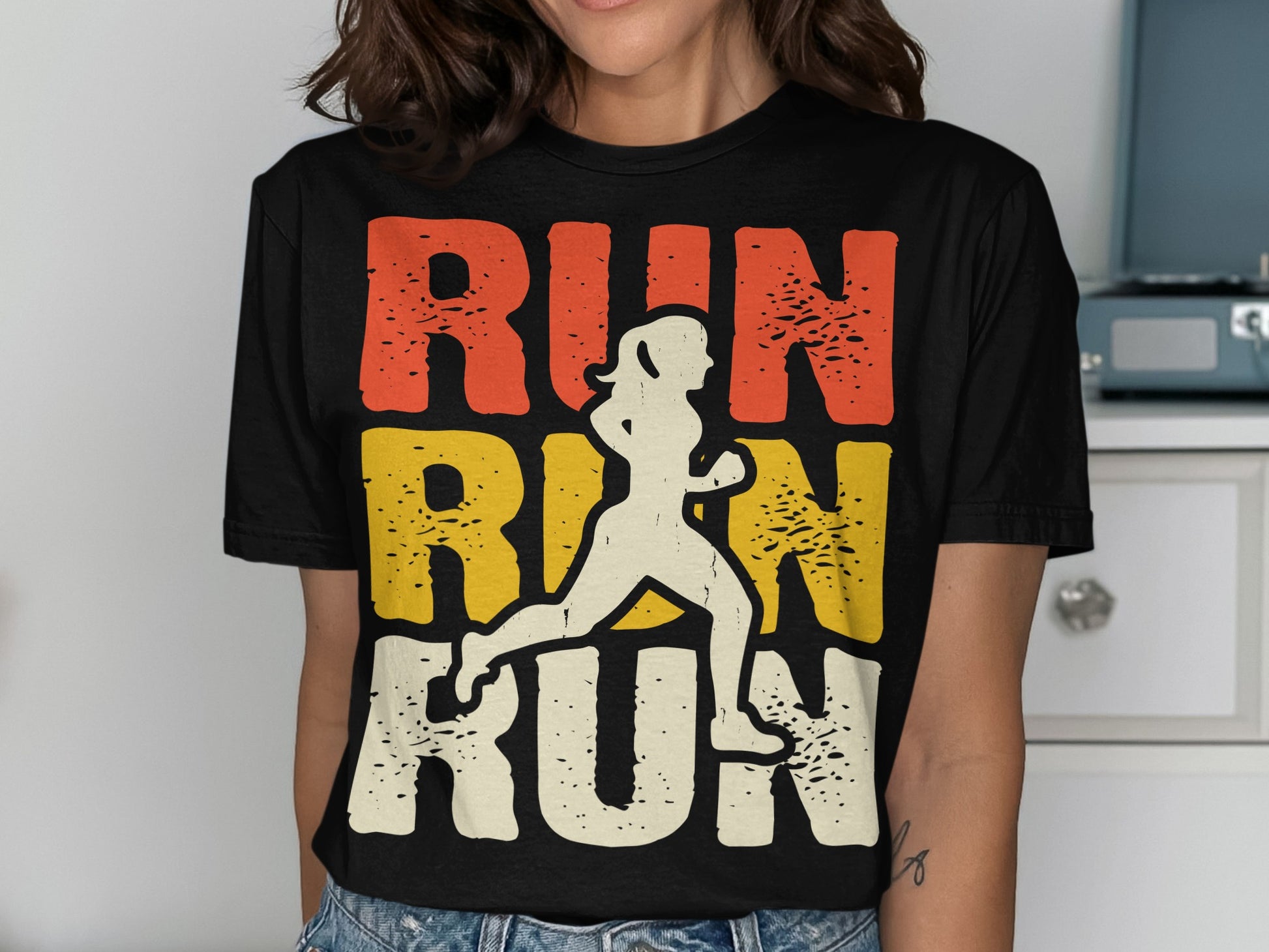 Black t-shirt with a running silhouette and bold "RUN" text.