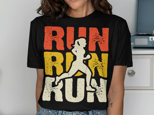 Black t-shirt with a running silhouette and bold "RUN" text.