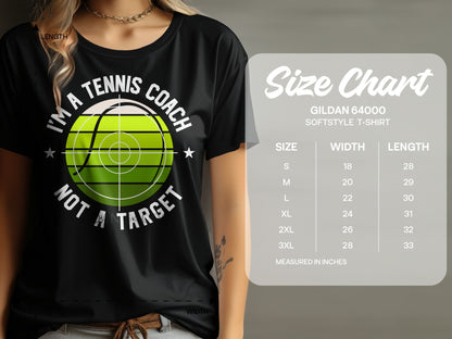 Black t-shirt with "I'm a tennis coach, not a target" text and tennis ball graphic.