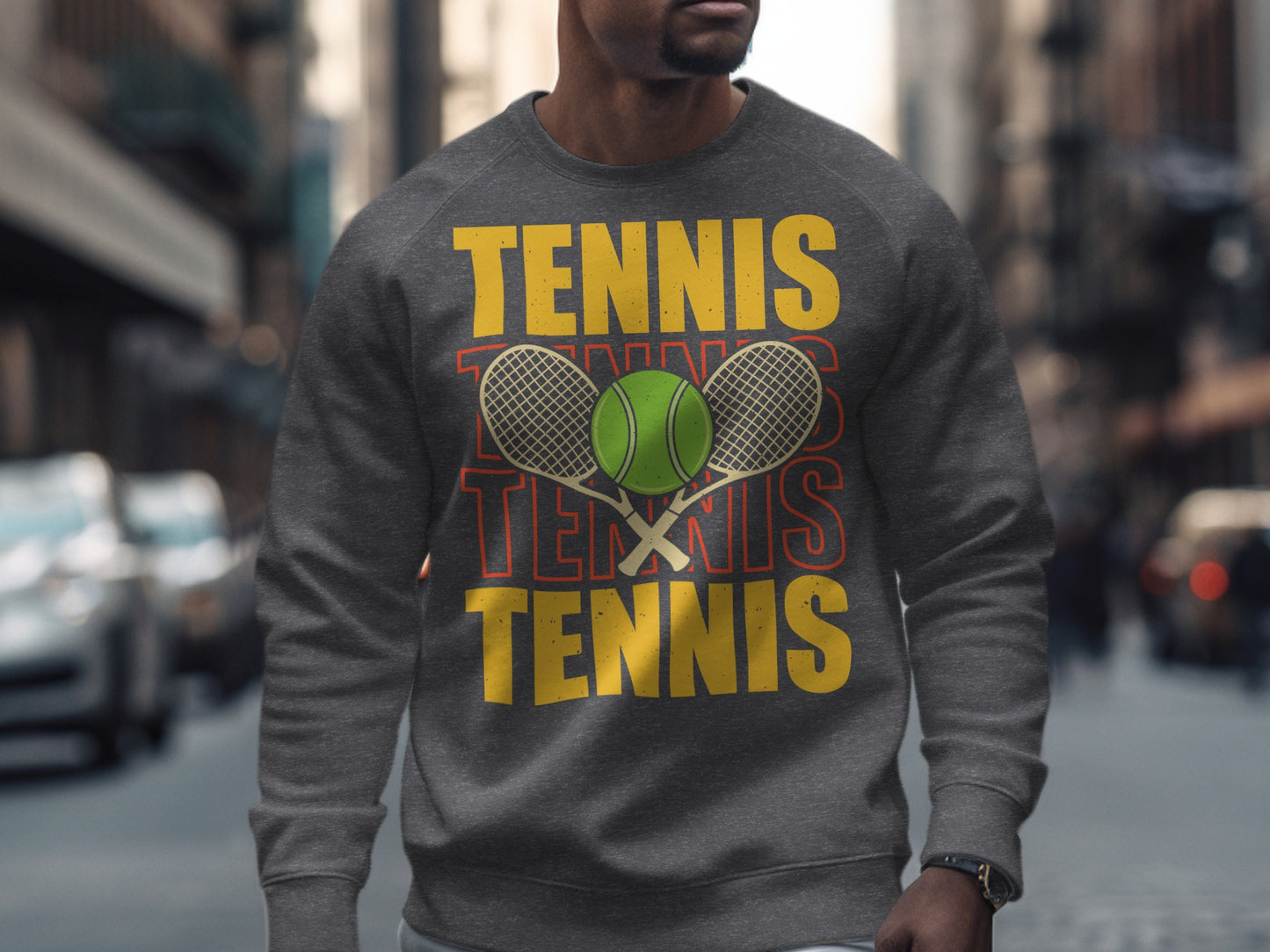 Grey sweatshirt with "TENNIS" and crossed tennis racquets.