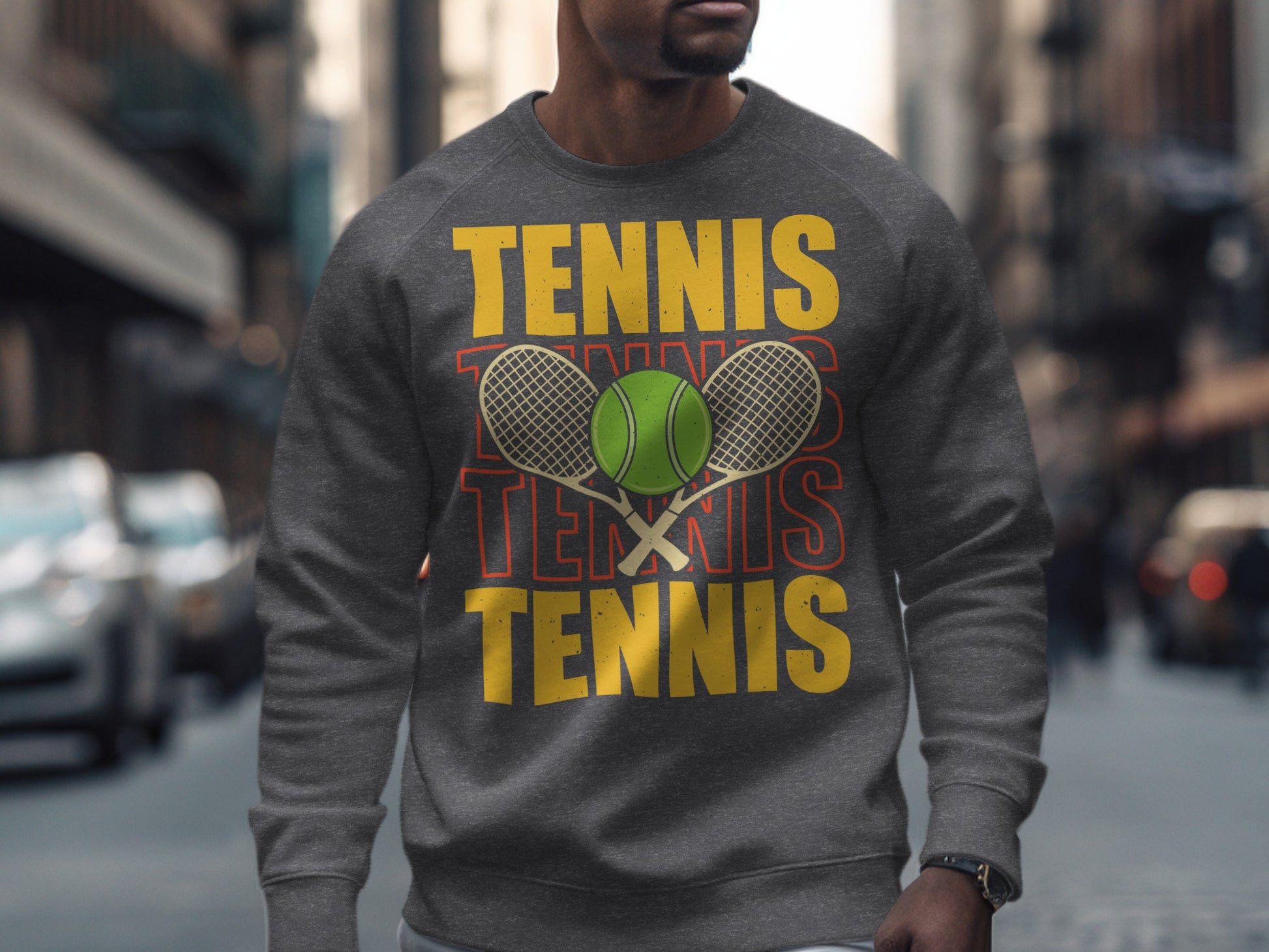 Grey sweatshirt with "TENNIS" and crossed tennis racquets.
