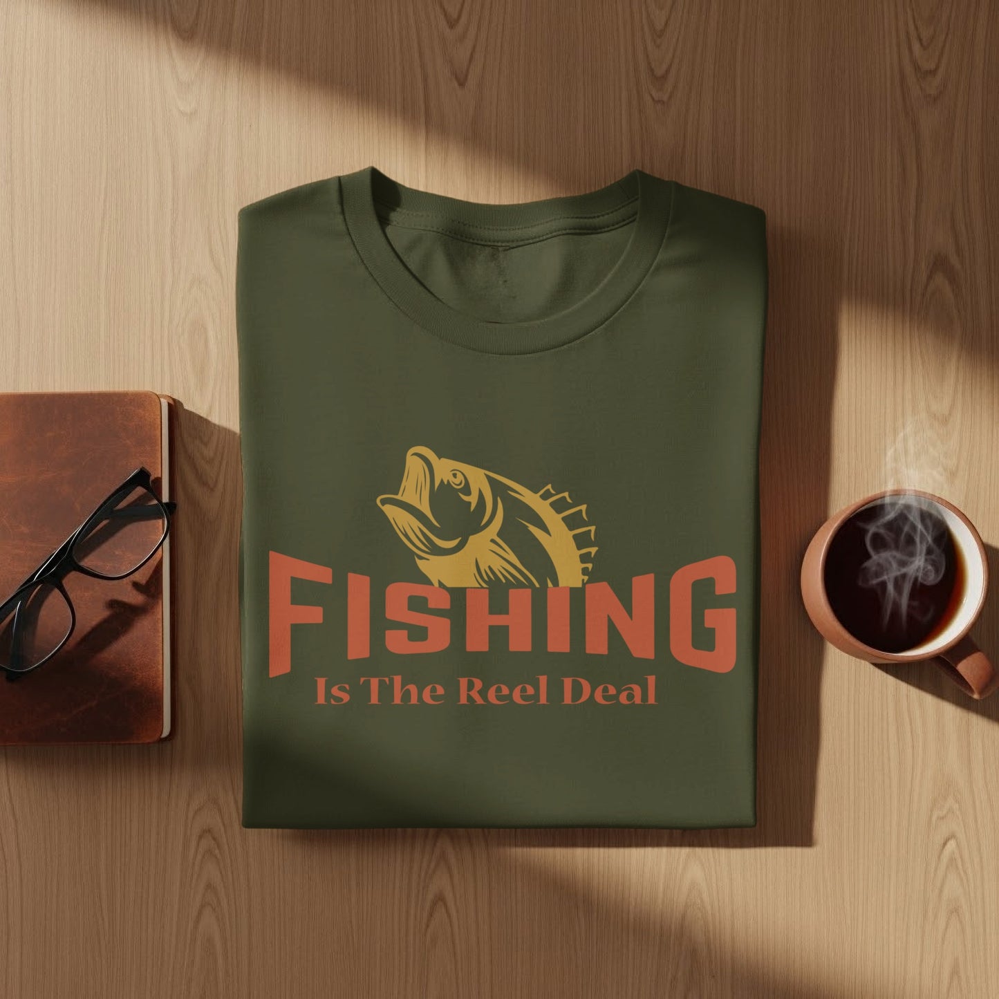 Green t-shirt with "FISHING Is The Real Deal" text and a fish graphic.