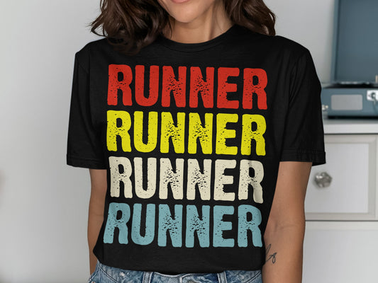 Black t-shirt with "RUNNER" printed four times in red, yellow, white, and blue.