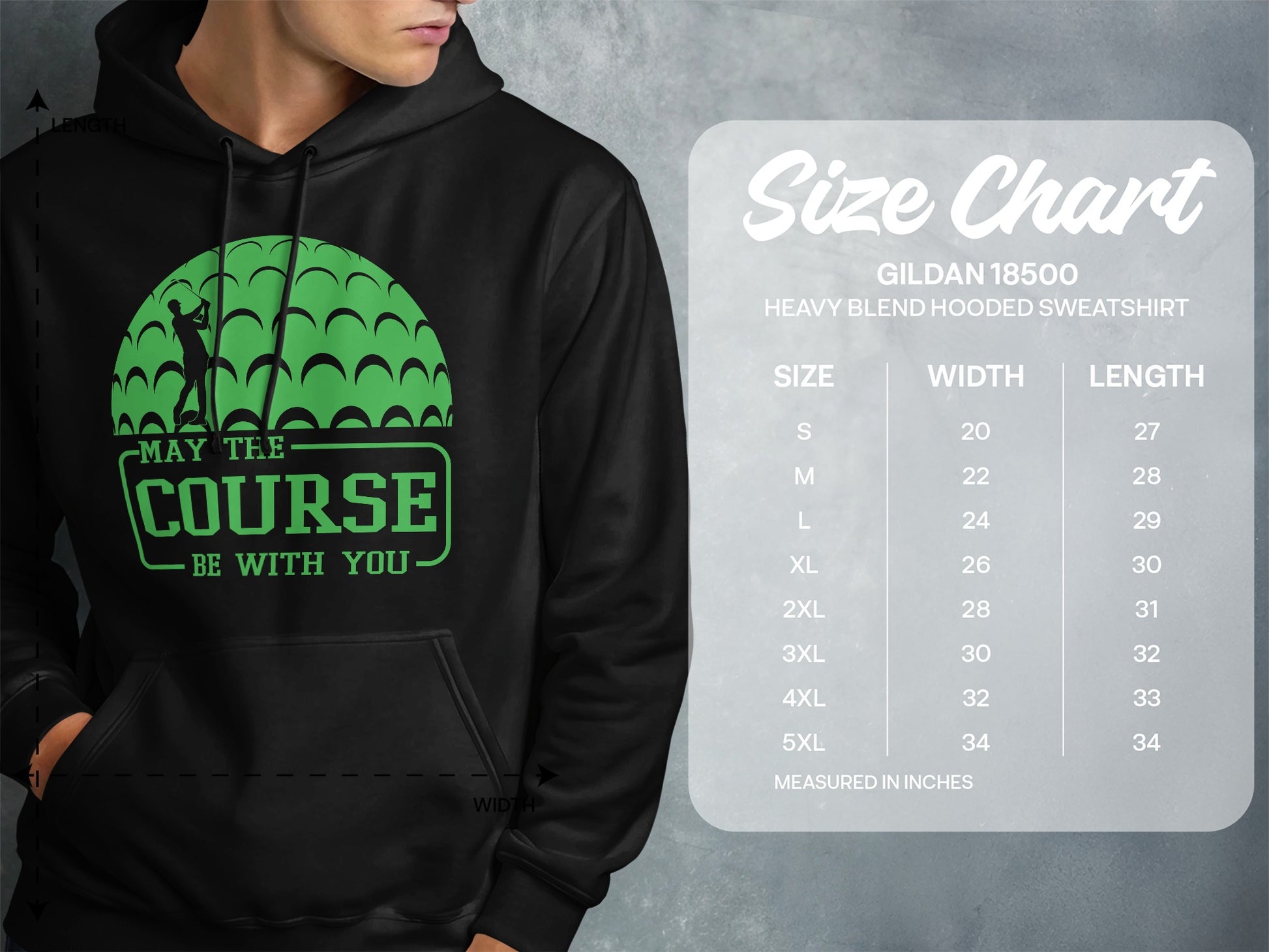Gildan 18500 hoodie size chart with "May the Course Be With You" graphic.