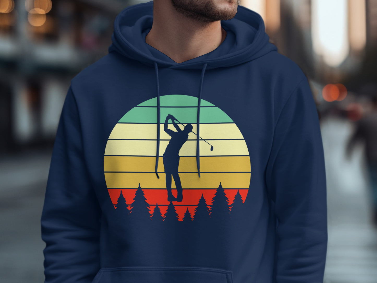 Navy hoodie with vintage sunset golf graphic featuring a golfer and pine trees.