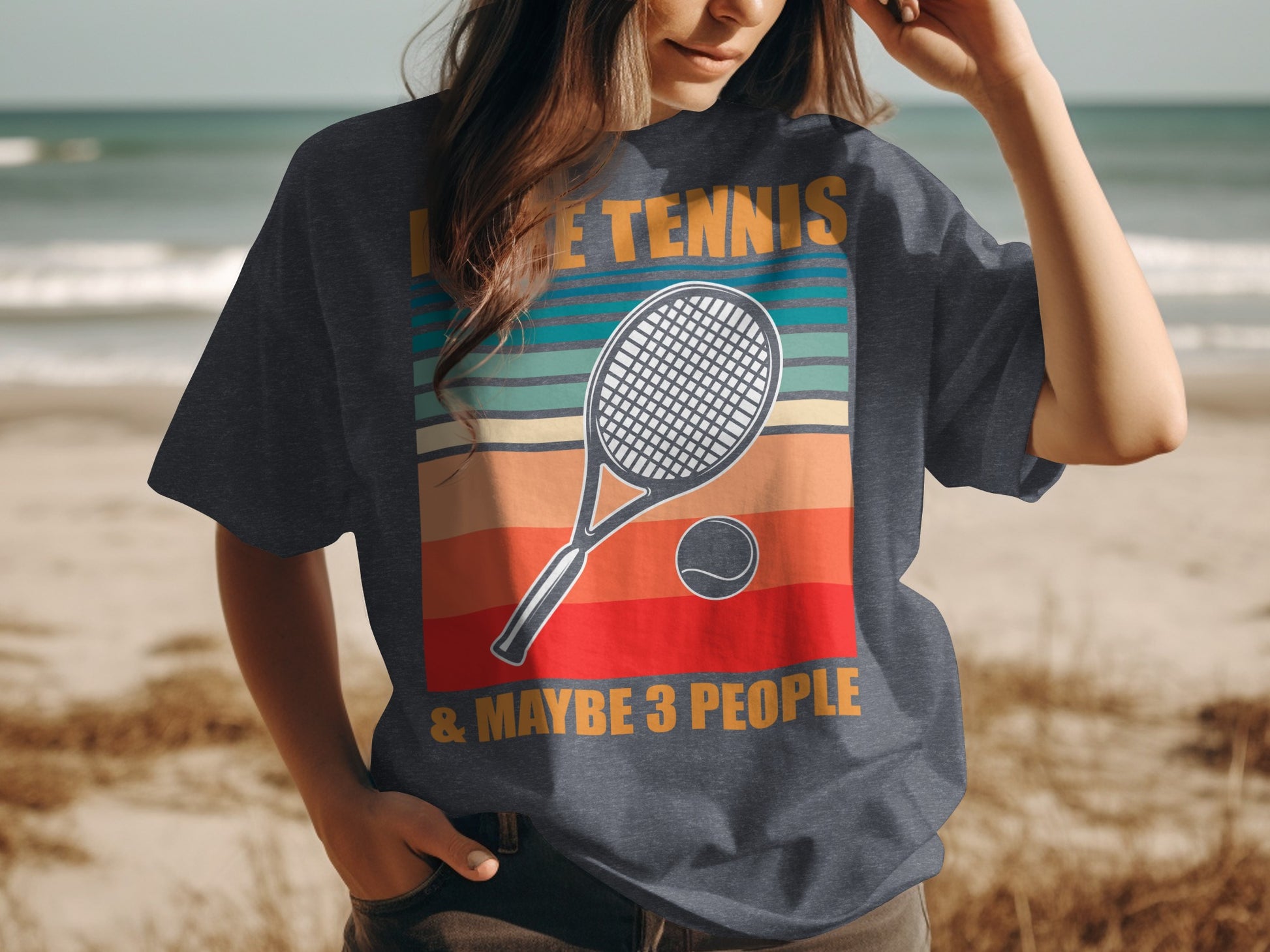Vintage tennis graphic tee with "Love Tennis & Maybe 3 People" text.