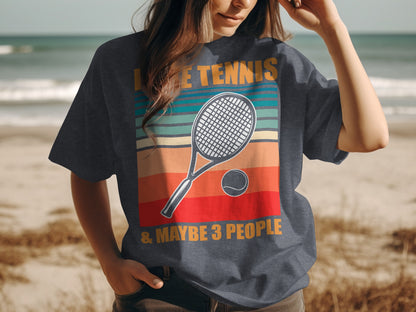 Vintage tennis graphic tee with "Love Tennis & Maybe 3 People" text.