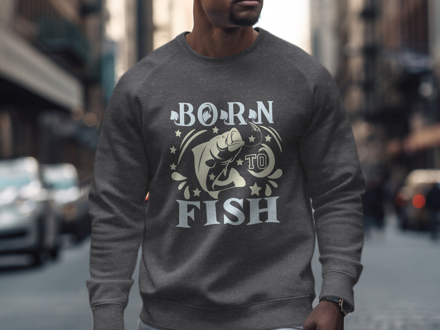 Gray sweatshirt with "Born to Fish" text and fish graphic.