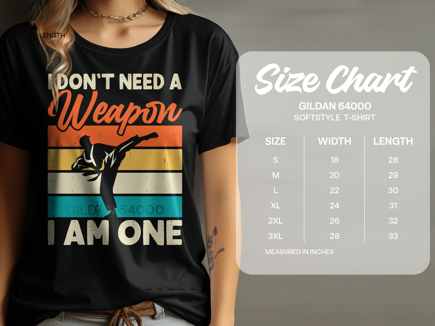 T-shirt with graphic of a martial artist and text "I DON'T NEED A Weapon I AM ONE".