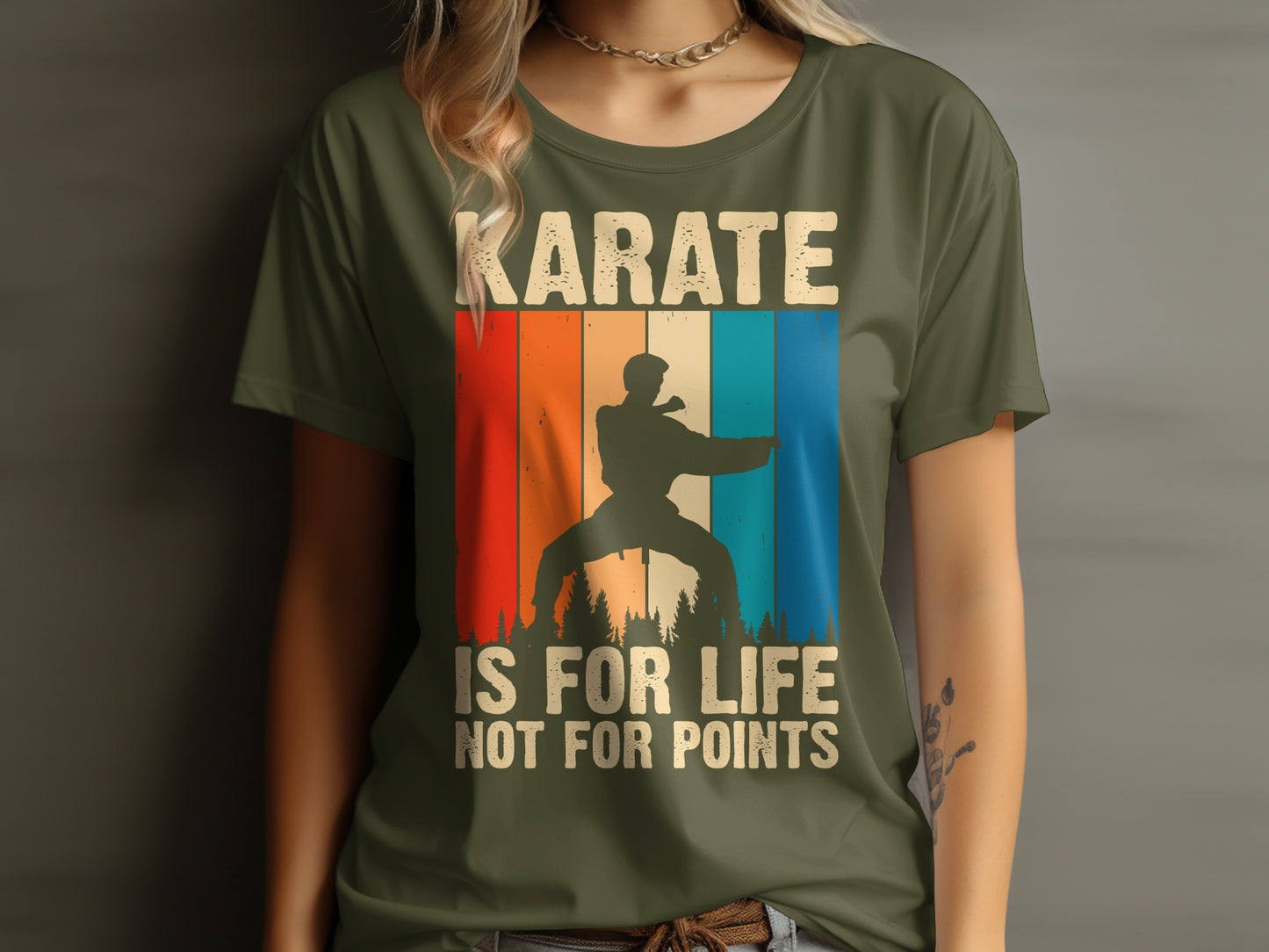 Karate graphic on olive green t-shirt with text "Karate is for life not for points".