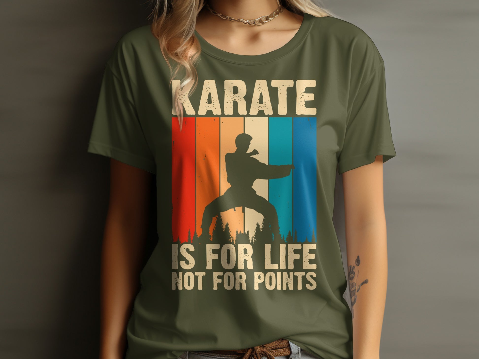 Karate graphic on olive green t-shirt with text "Karate is for life not for points".