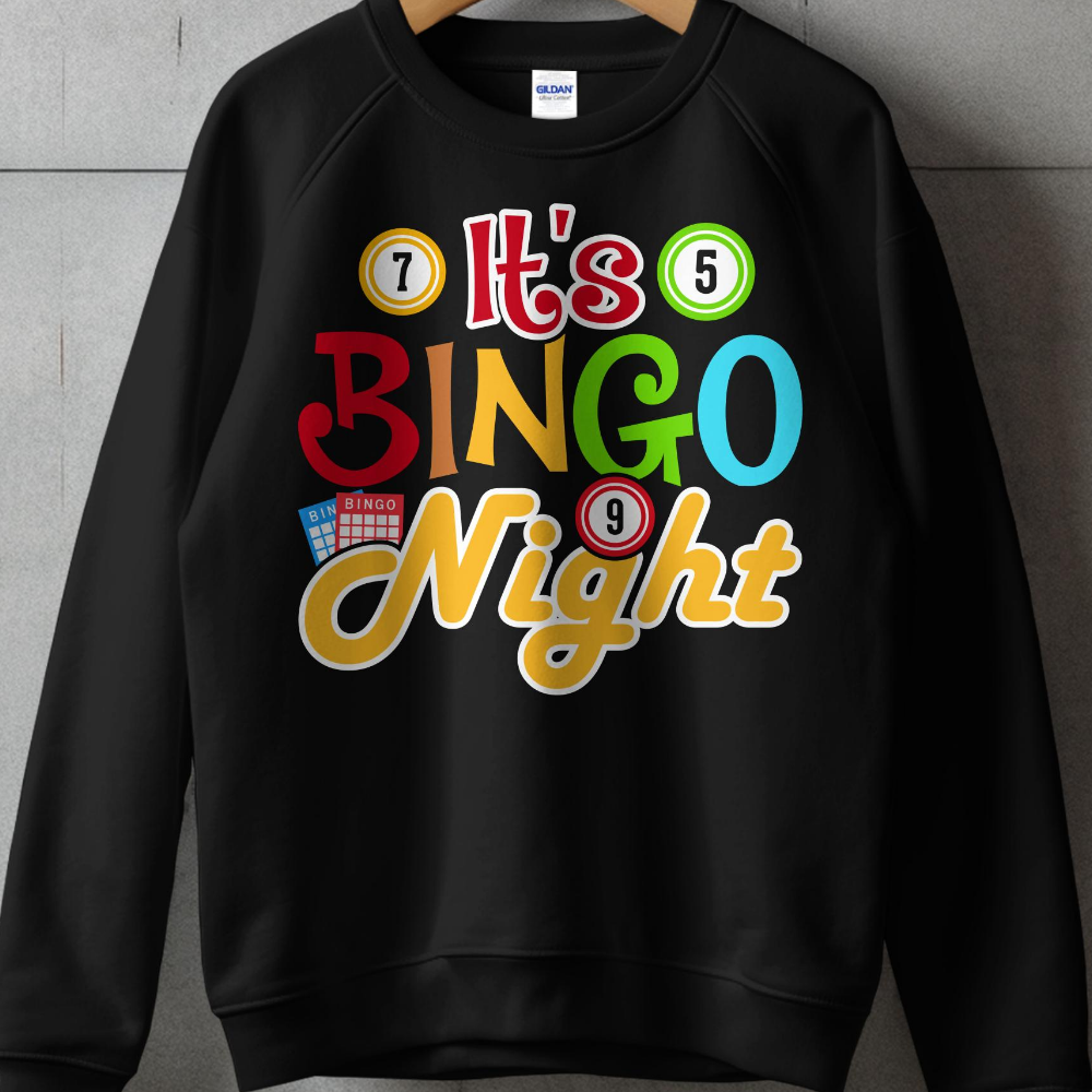 "It's Bingo Night" text with bingo balls on a black sweatshirt.