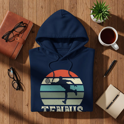Navy hoodie with vintage tennis player graphic and "TENNIS" text.