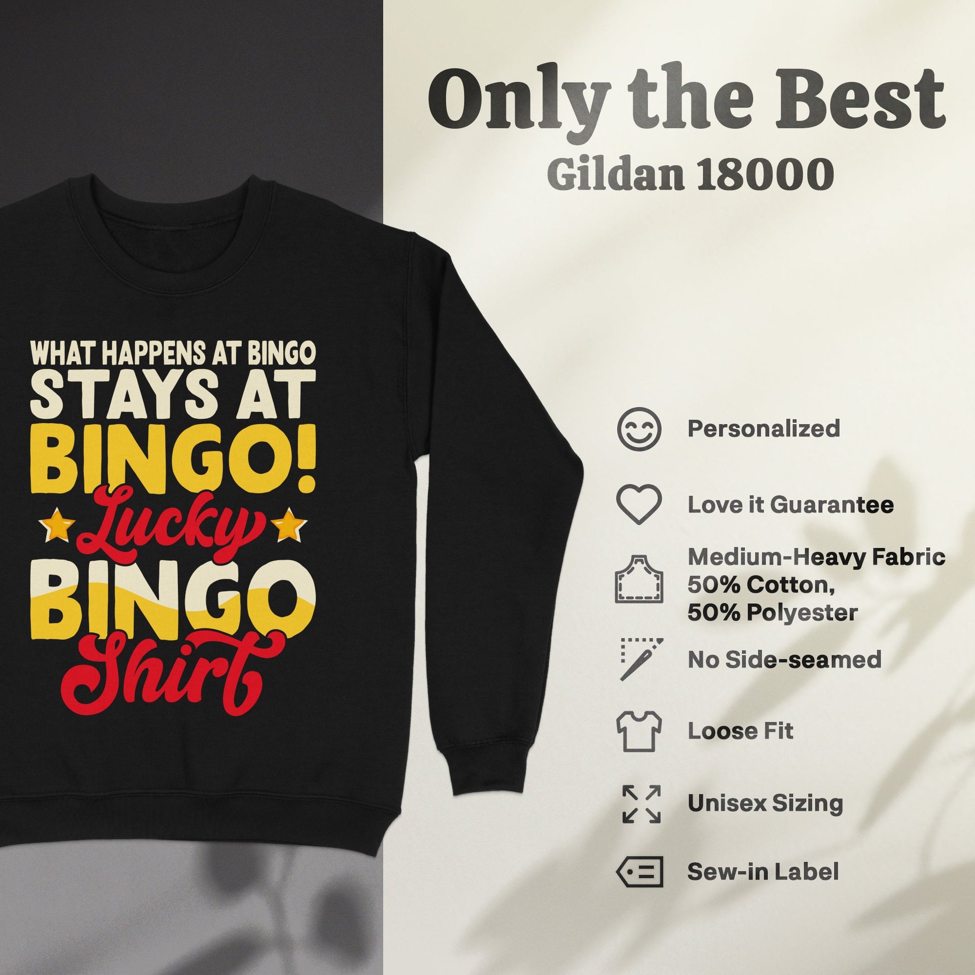 Black sweatshirt with "What Happens at Bingo Stays at Bingo! Lucky Bingo Shirt" text.