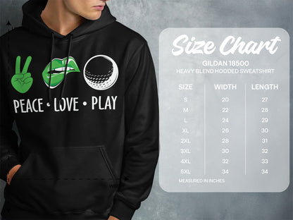 Black hoodie with "Peace, Love, Play" and golf graphic, next to a size chart.