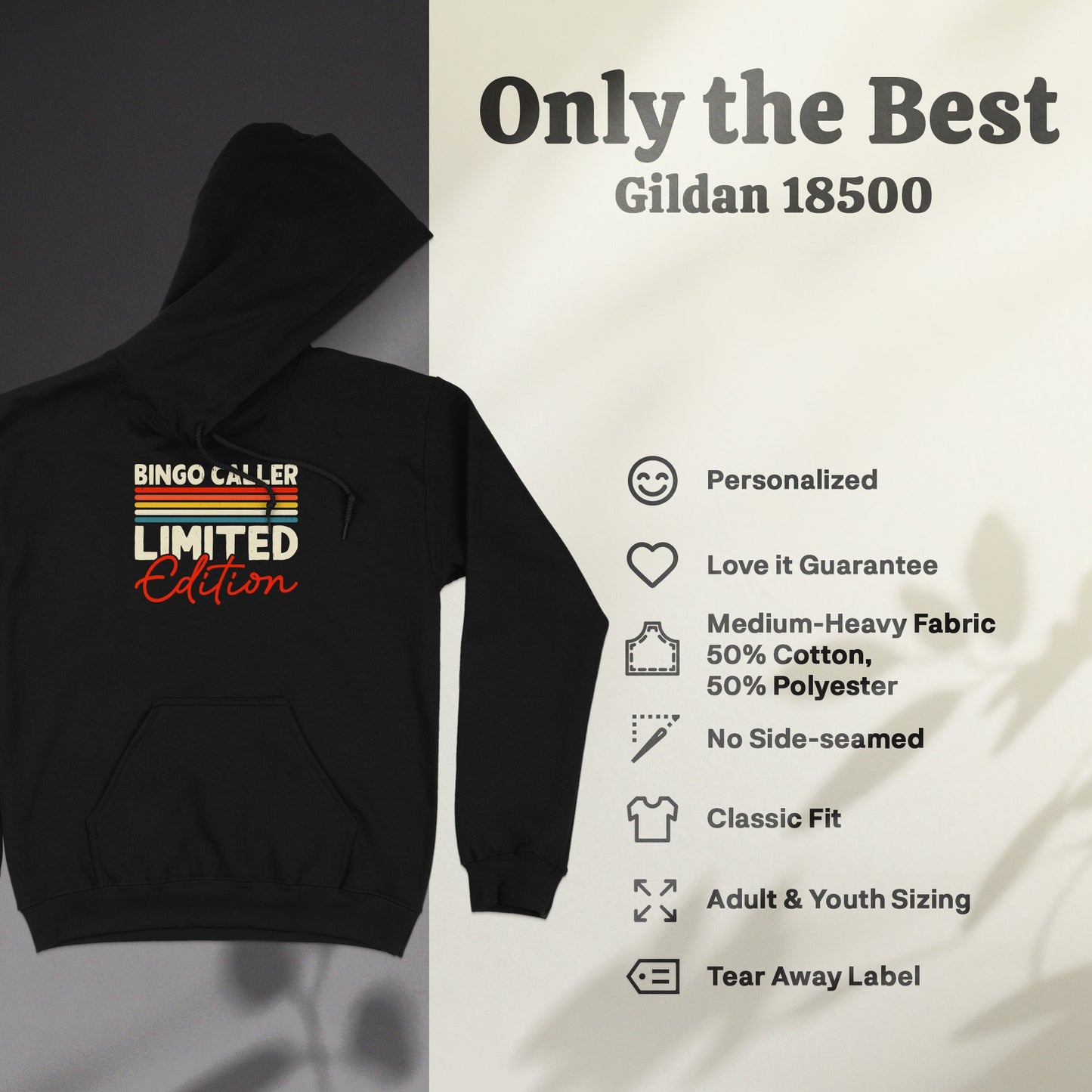 Black Gildan 18500 hoodie with "BINGO CALLER LIMITED Edition" text.
