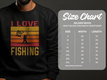 Gildan 18000 sweatshirt size chart with measurements for chest width and garment length.
