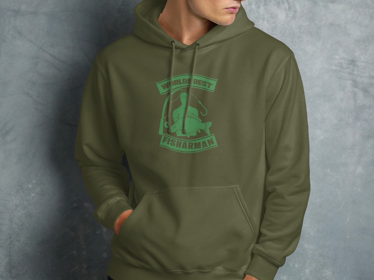 Green hoodie with "World's Best Fisherman" text and fishing graphic.