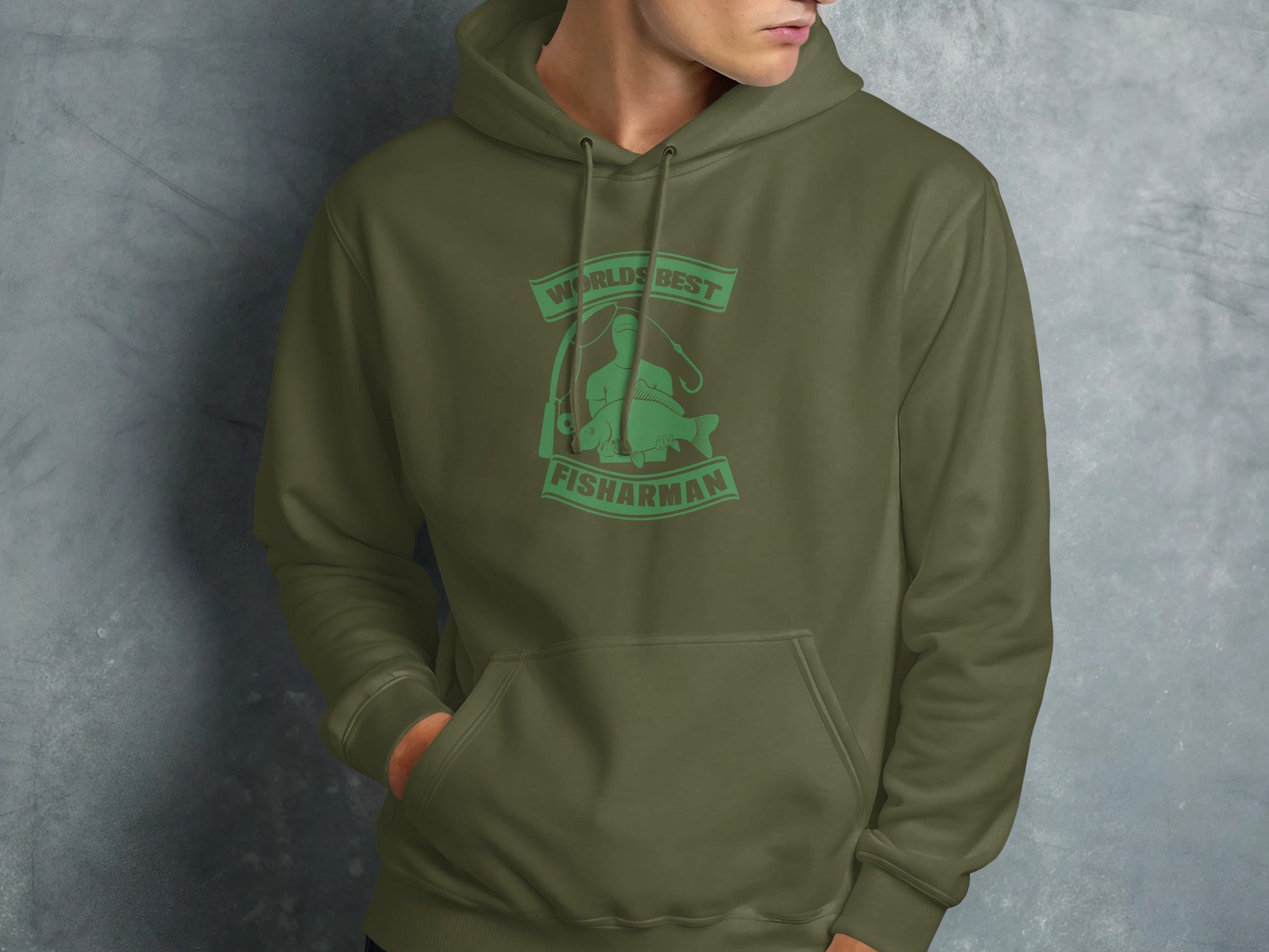 Green hoodie with "World's Best Fisherman" text and fishing graphic.