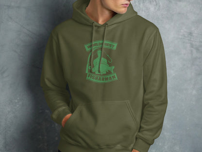 Green hoodie with "World's Best Fisherman" text and fishing graphic.