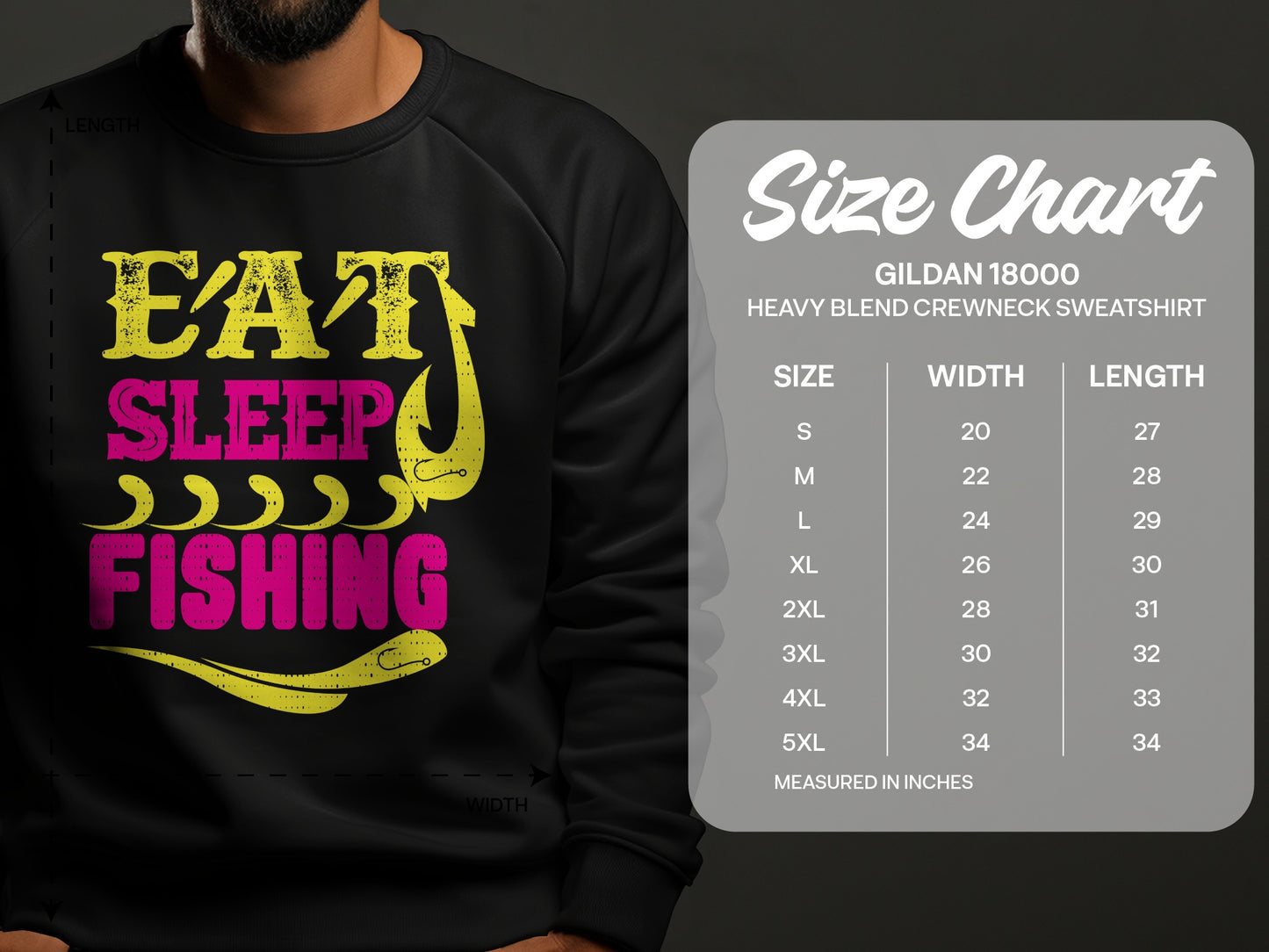 Gildan 18000 sweatshirt size chart with chest and length measurements.