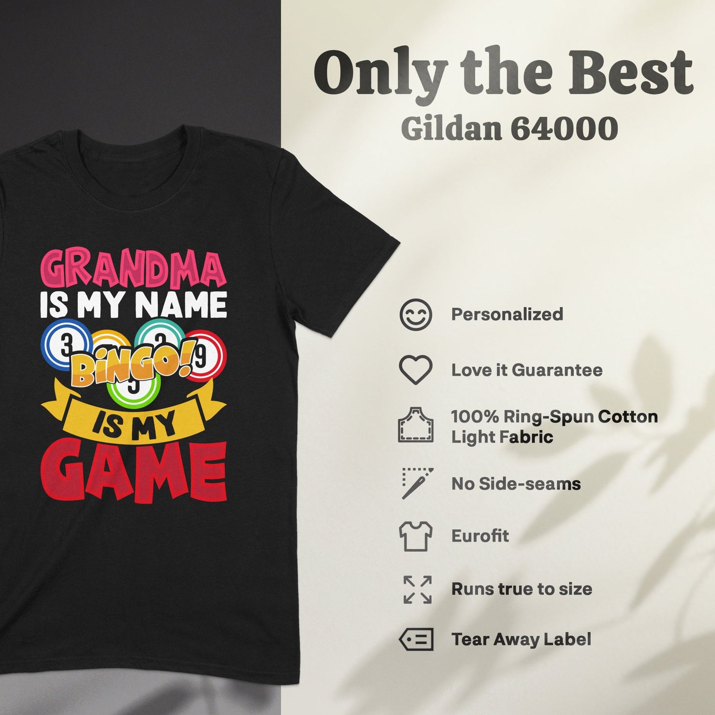 T-shirt with "Grandma is my name, Bingo is my game" in colorful text.