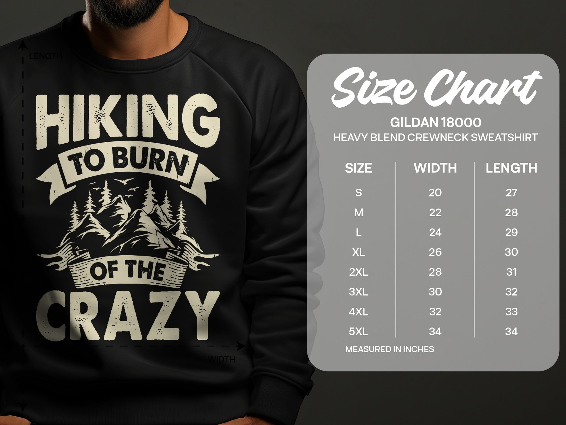Black crewneck sweatshirt with "Hiking to Burn of the Crazy" graphic and size chart.