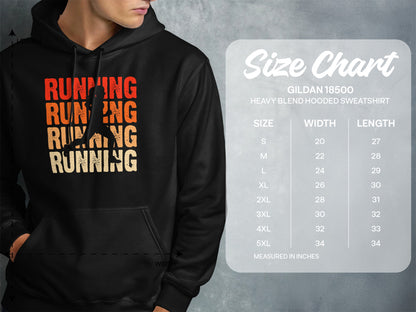 Gildan 18500 Heavy Blend hooded sweatshirt size chart with running graphic.