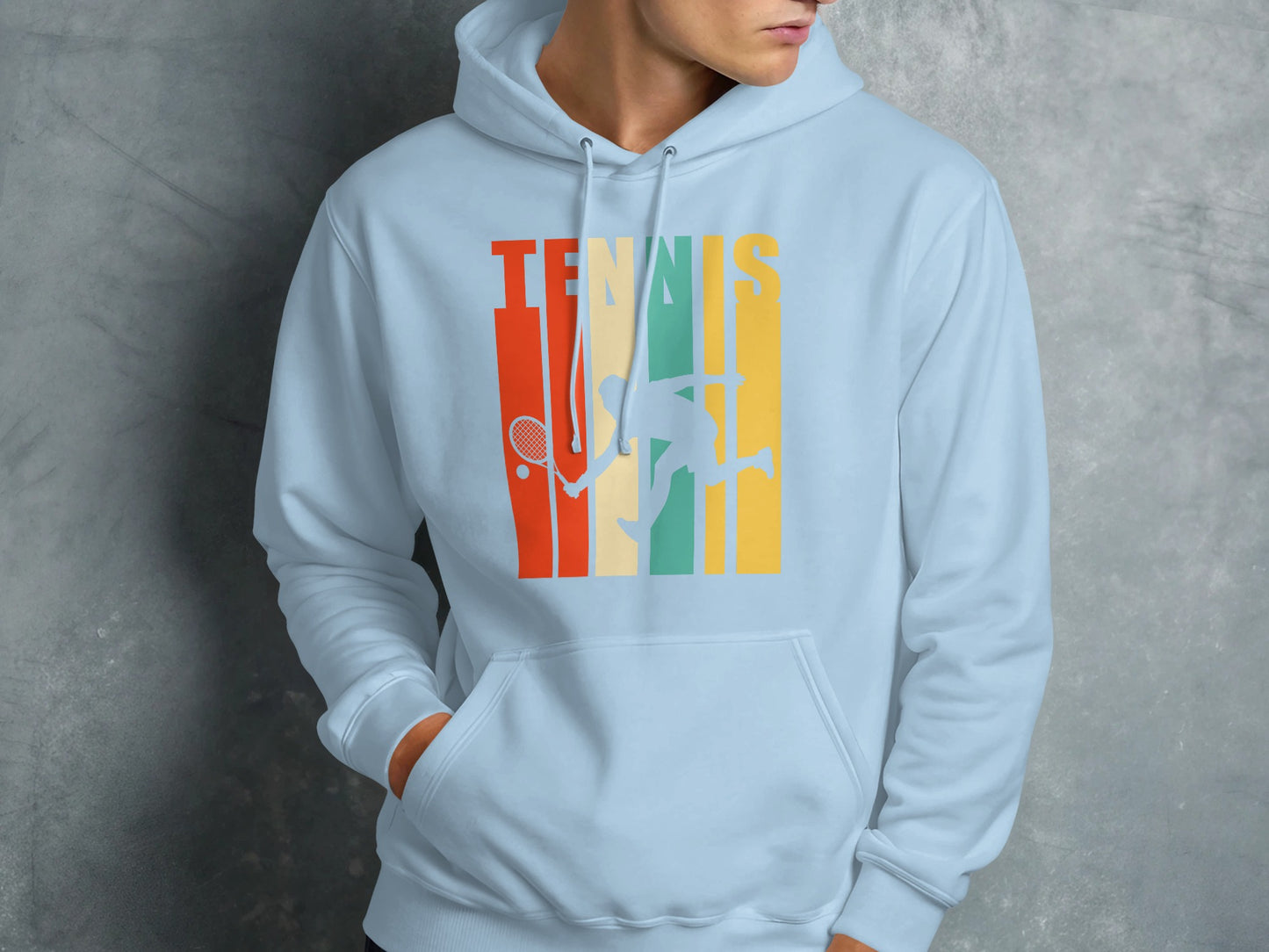 Light blue hoodie with retro tennis player graphic and "TENNIS" text.