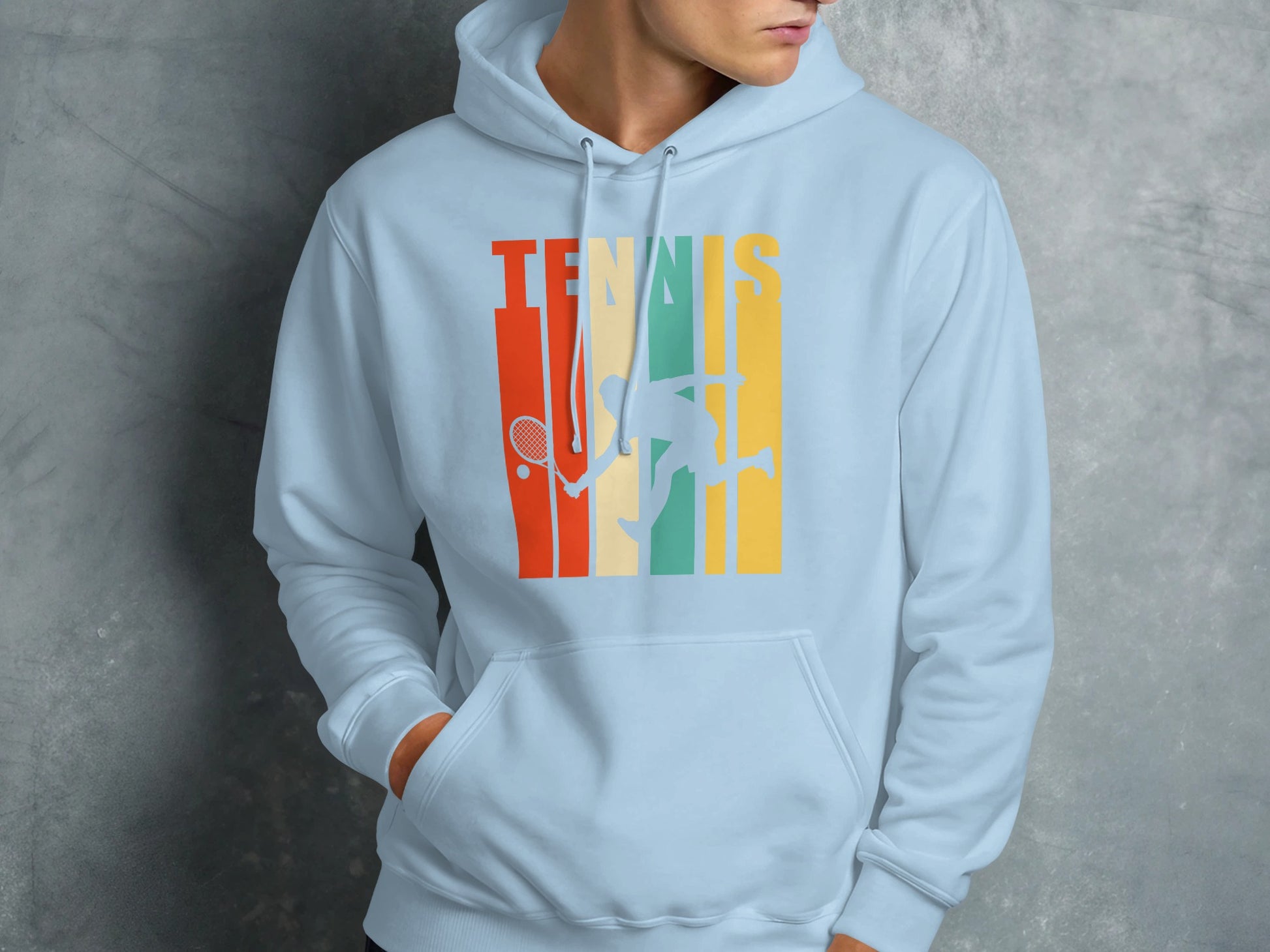 Light blue hoodie with retro tennis player graphic and "TENNIS" text.
